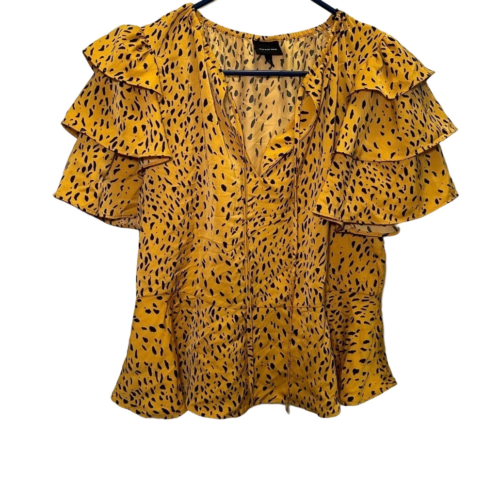 Who What Wear Spotted Gold Animal Print Ruffle Top Size Small